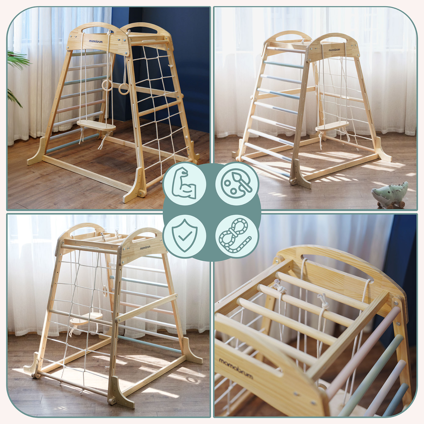 Loc de joacă interior din lemn cu leagăn, inele de gimnastică și plasă de cățărat