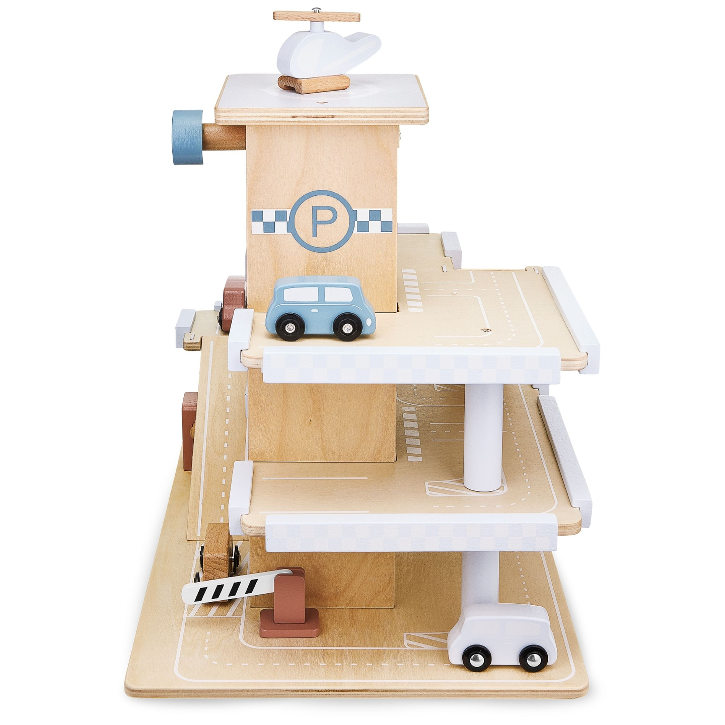 Parcare din lemn pe trei etaje cu lift - garaj cu mașini și elicopter