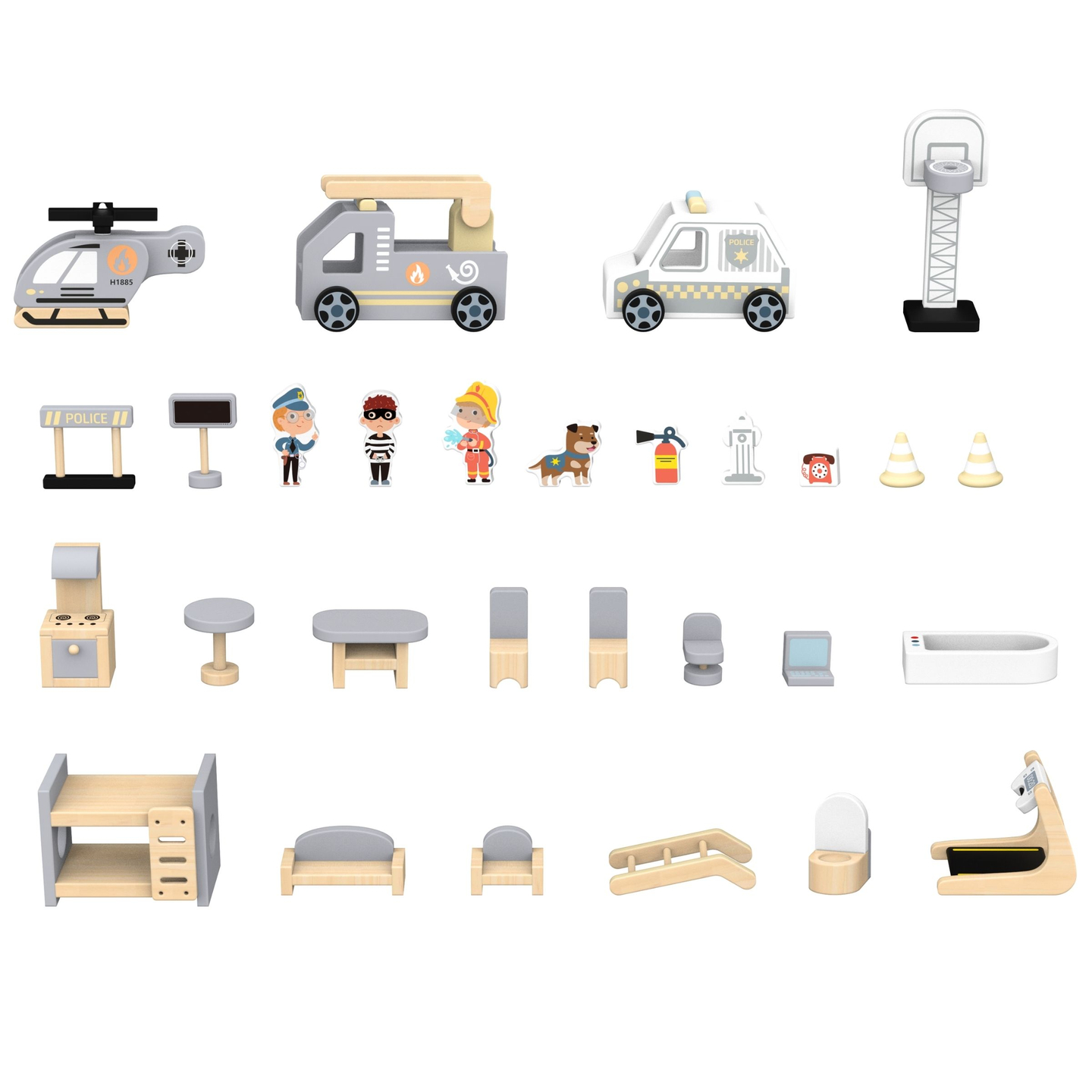 Stație mare de pompieri pliabilă cu stație de poliție - set din lemn. Stație de pompieri și stație de poliție cu accesorii.