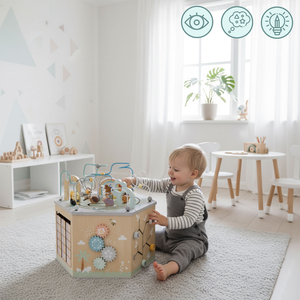 Cub educațional mare din lemn - o jucărie Montessori cu trenuleț magnetic și bucle motorii