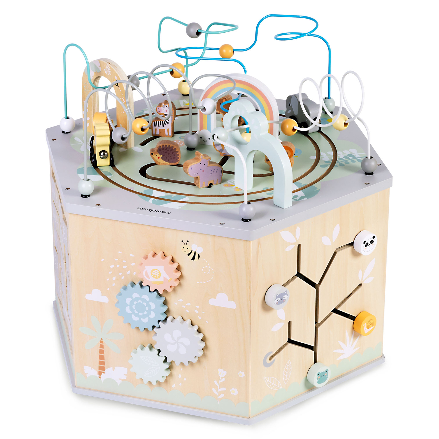 Cub educațional mare din lemn - o jucărie Montessori cu trenuleț magnetic și bucle motorii