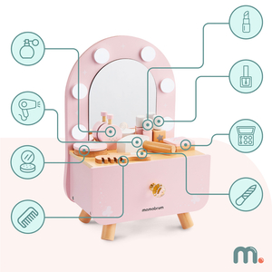 Masă de toaletă mini din lemn pentru copii cu accesorii și iluminare LED cu reglare lină a luminozității