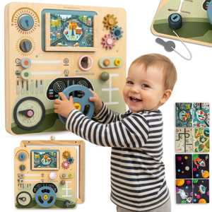 Tablă Montessori din lemn, cabină de pilotaj 2 în 1 pentru micul șofer și pilot – volan, schimbător de viteze, hărți de călătorie, radar