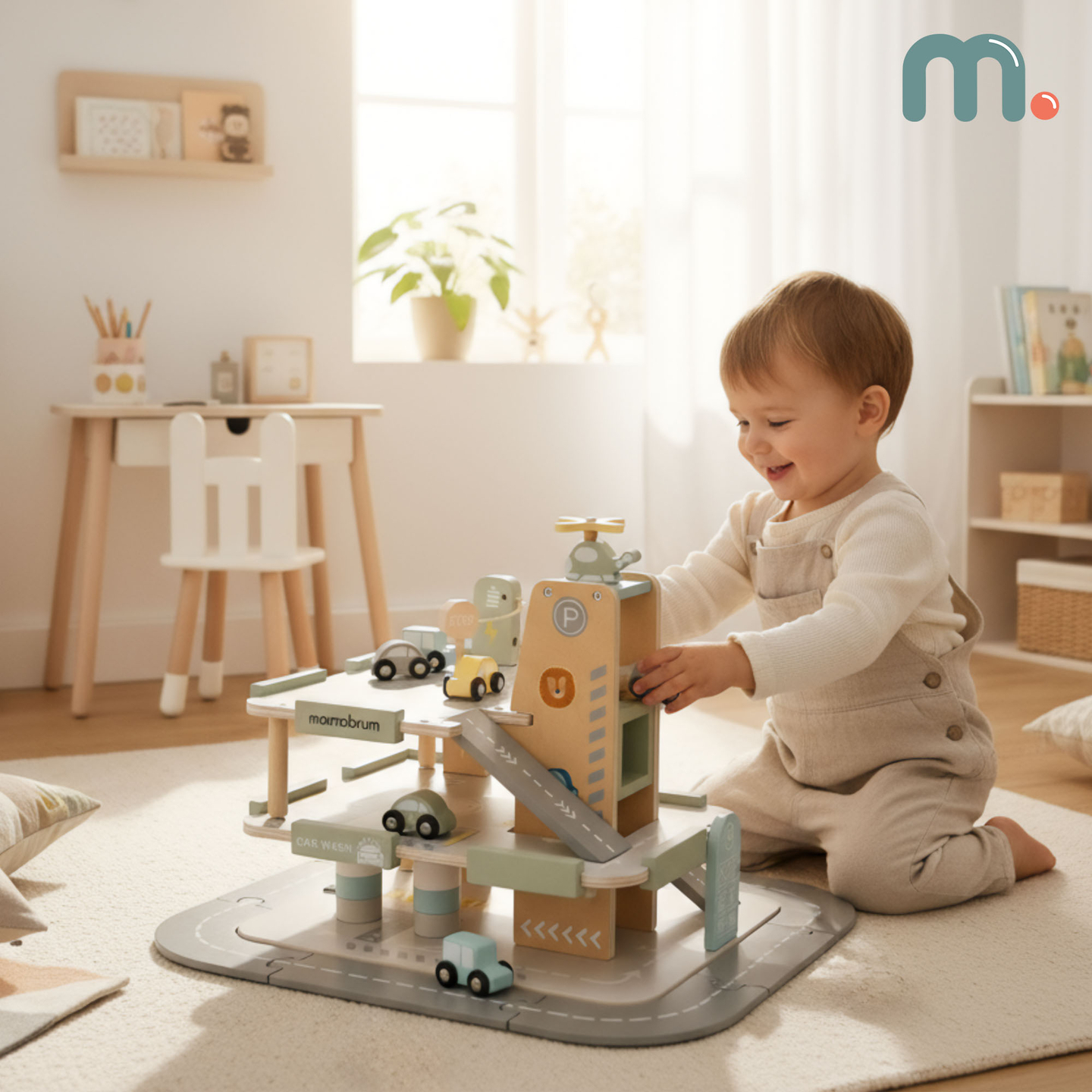 Garaj din lemn, cu trei etaje, pentru copii, cu accesorii - parcare, benzinărie, spălătorie auto, elicopter