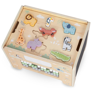 Cutie manipulativă din lemn - placă Montessori cu figuri de animale și scaun