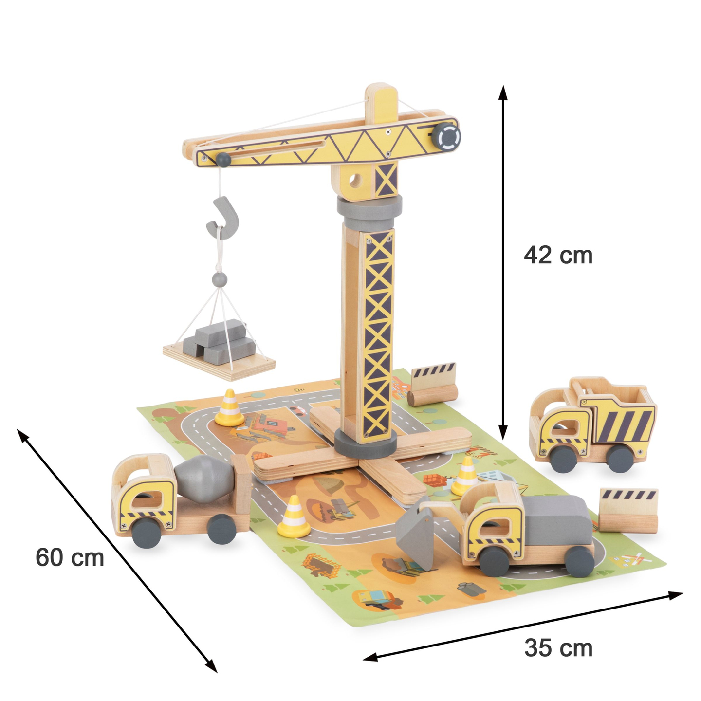 Șantier de construcții din lemn cu macara mobilă mare și vehicule, macara turn