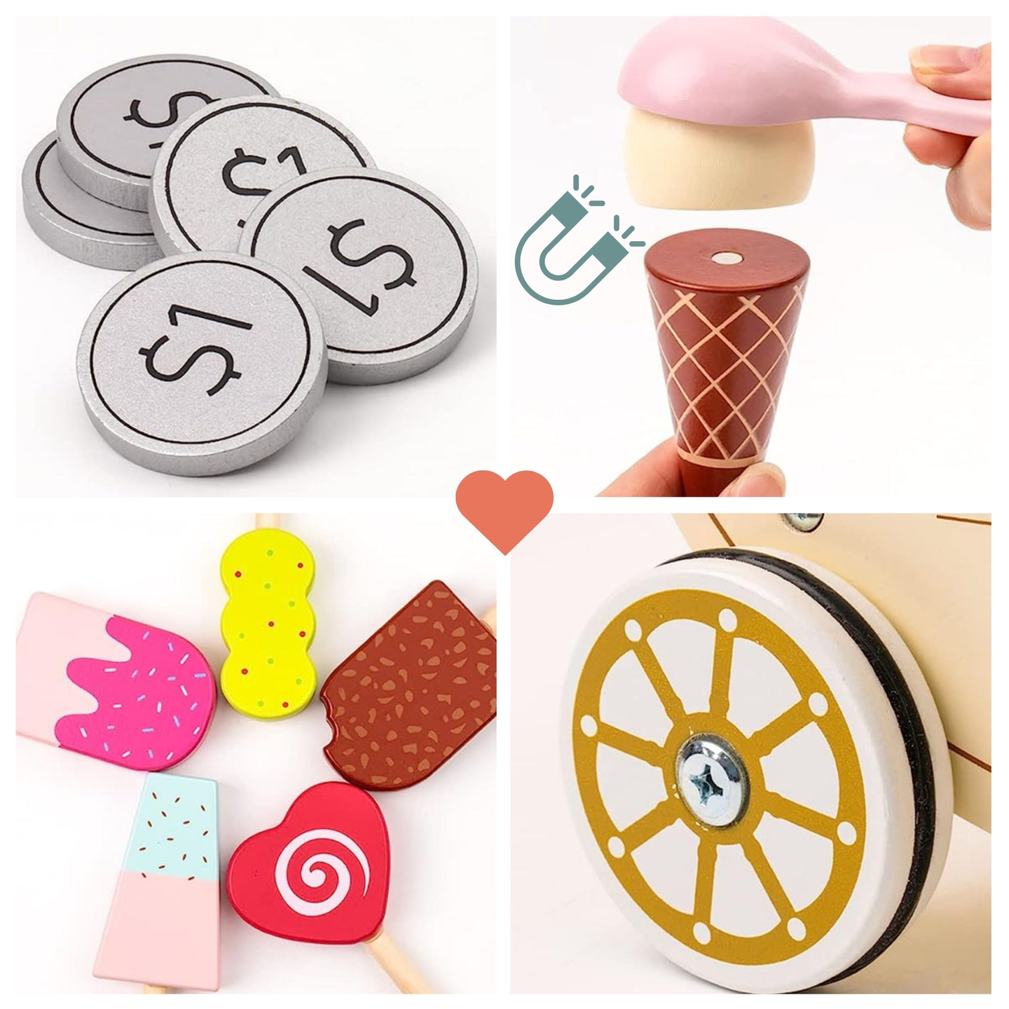 Sală de înghețată din lemn pentru copii - cărucior pe roți cu accesorii