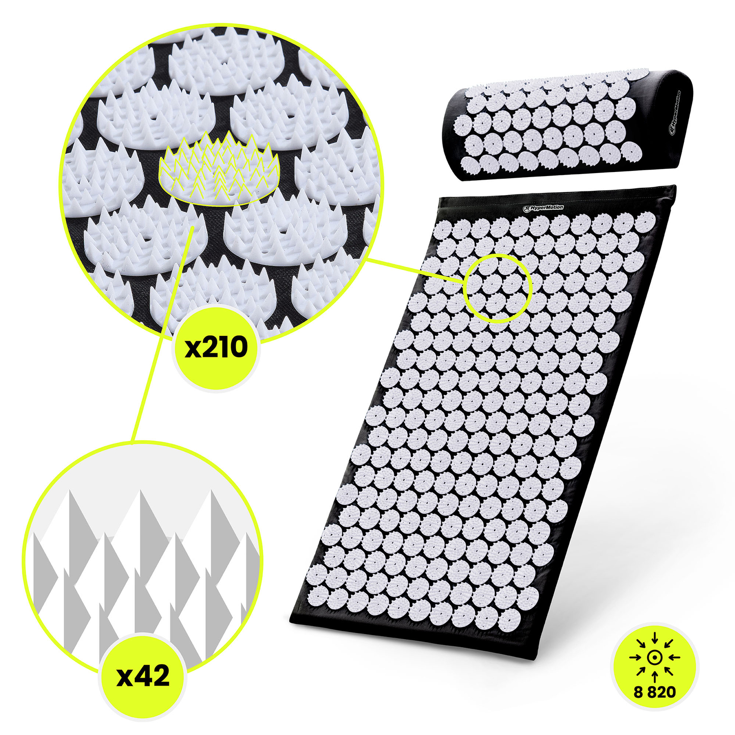 Saltea de presopunctură cu pernă și husă - 72 cm HyperMotion alb-negru