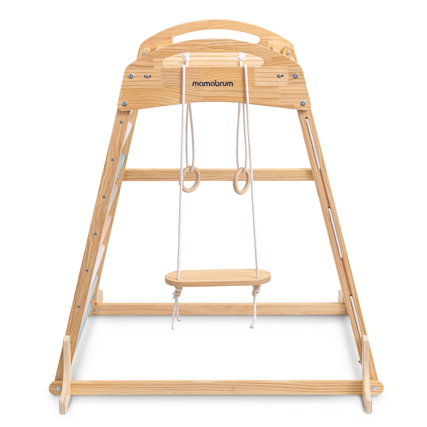 Loc de joacă interior din lemn cu leagăn, inele de gimnastică și plasă de cățărat