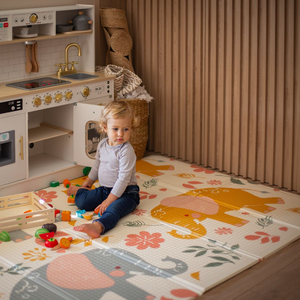 Covoraș din spumă pliabil pe două fețe 180 x 120 x 1cm - Elefanți exotici / Gri delicat