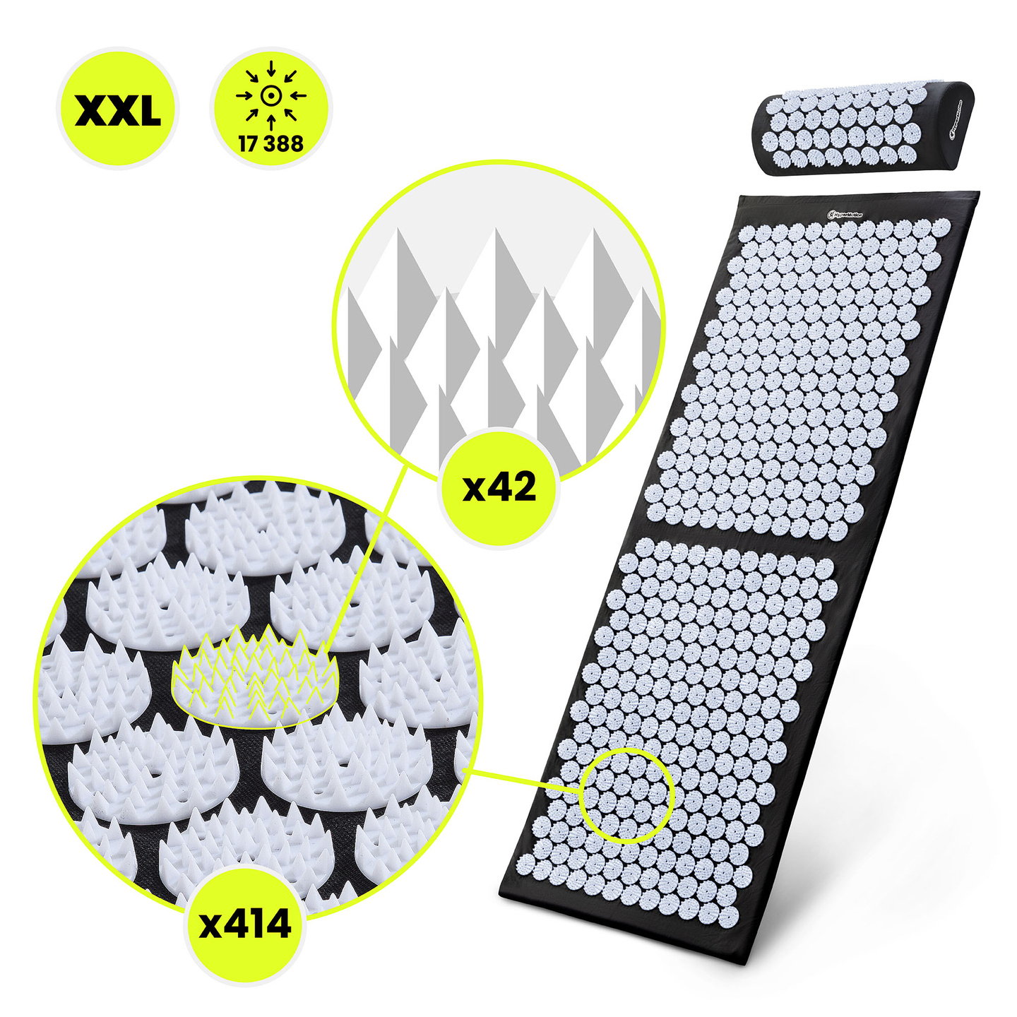 Saltea mare de presopunctură cu pernă și husă - 130 cm HyperMotion alb-negru