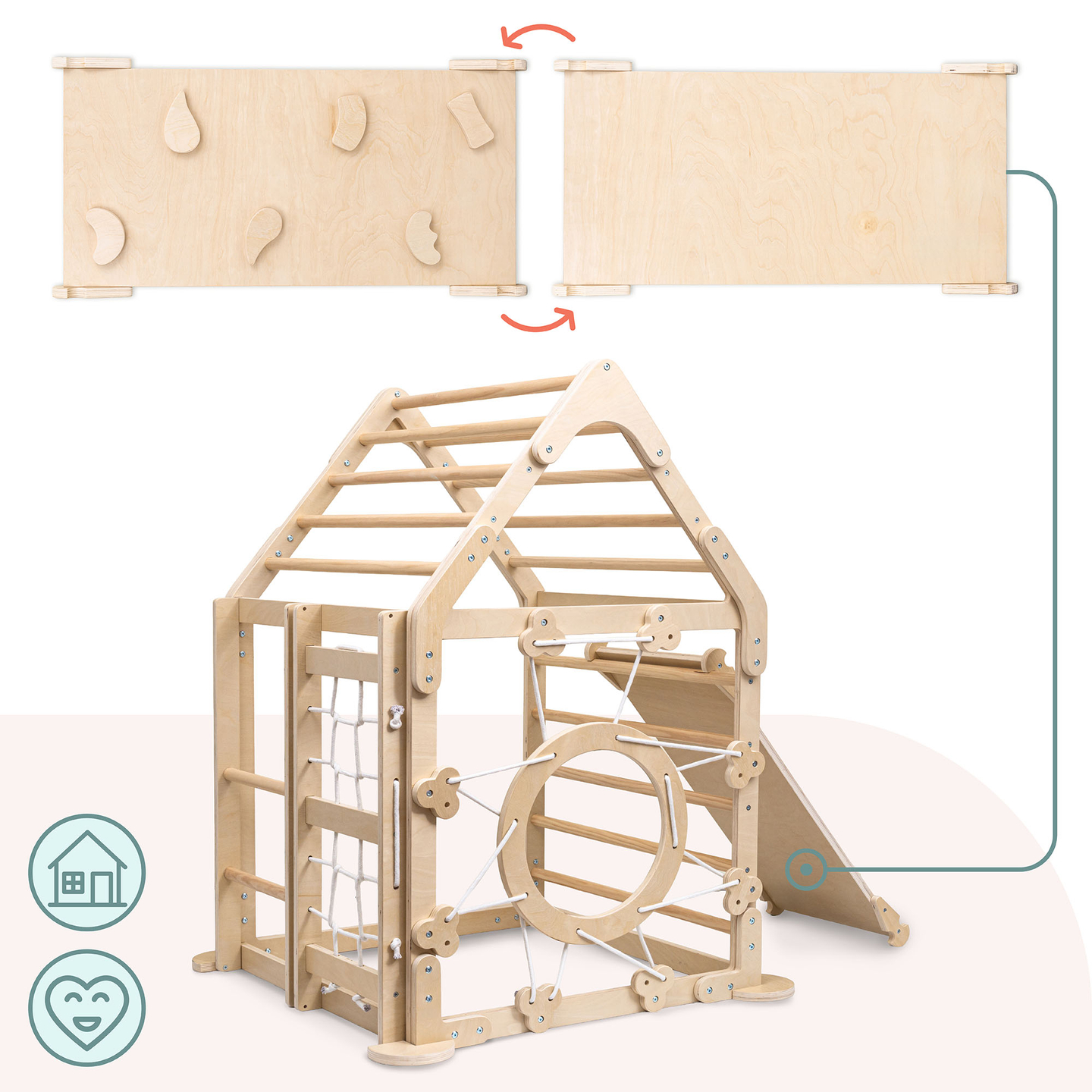 Loc de joacă interior din lemn pentru copii - o căsuță cu scări și tobogan