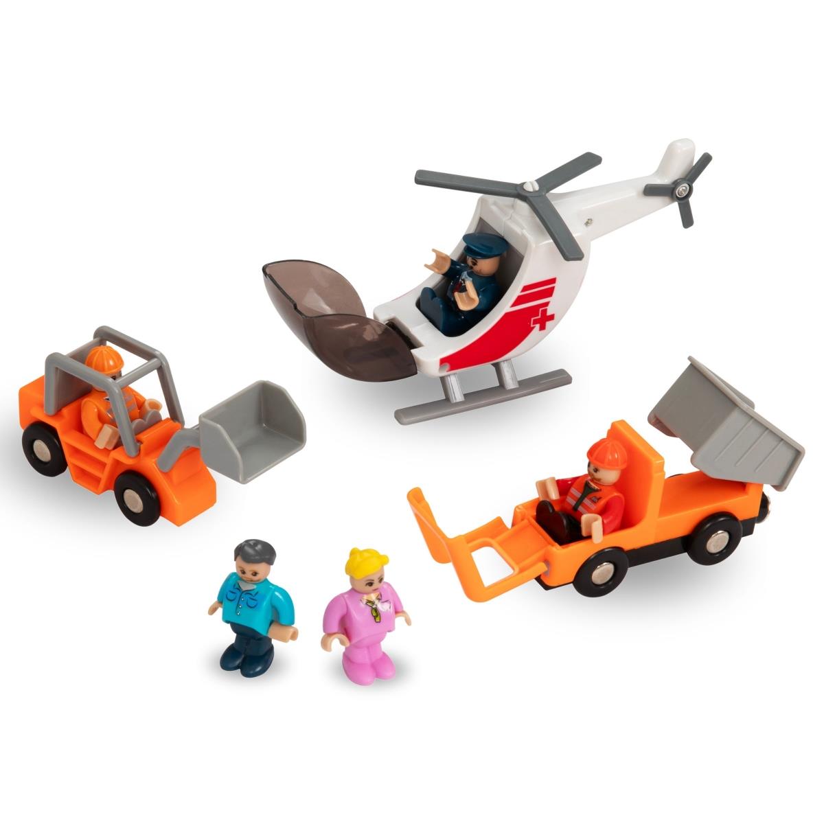 Cale ferată din lemn, tren cu baterii - Oraș: șine, vagoane, pod, aeroport