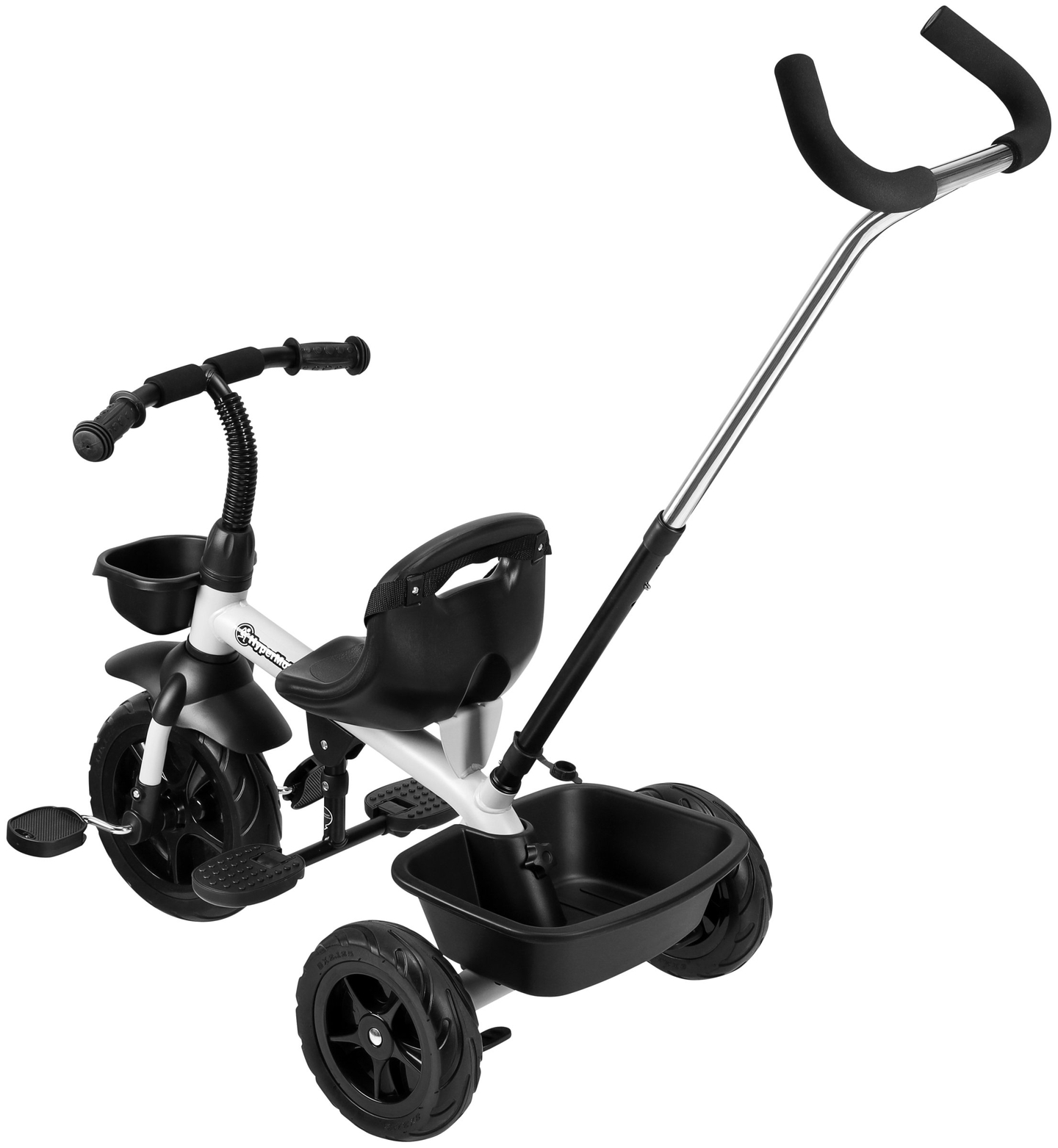 Tricicleta HyperMotion TOBI VECTOR - roți gonflabile veșnice + bară de împingere. Culoare: gri deschis.