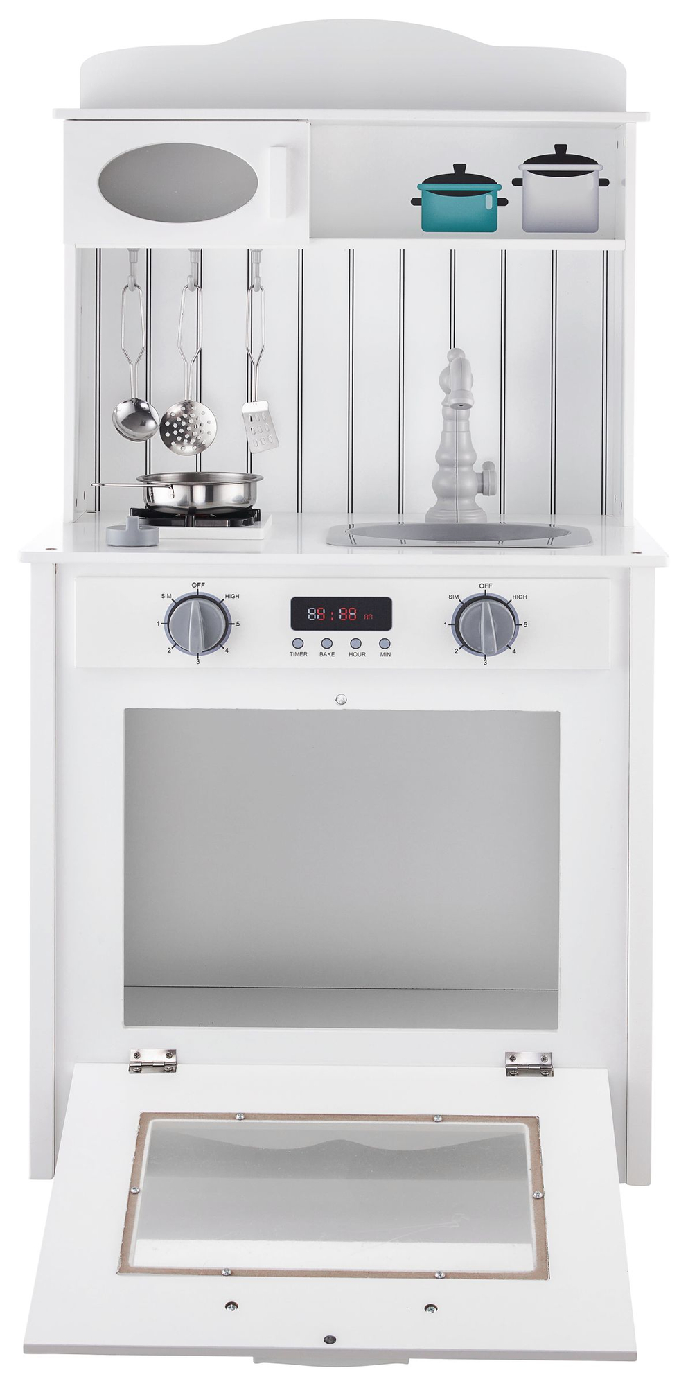 Bucătărie albă din lemn cu șorț, accesorii și lampă LED