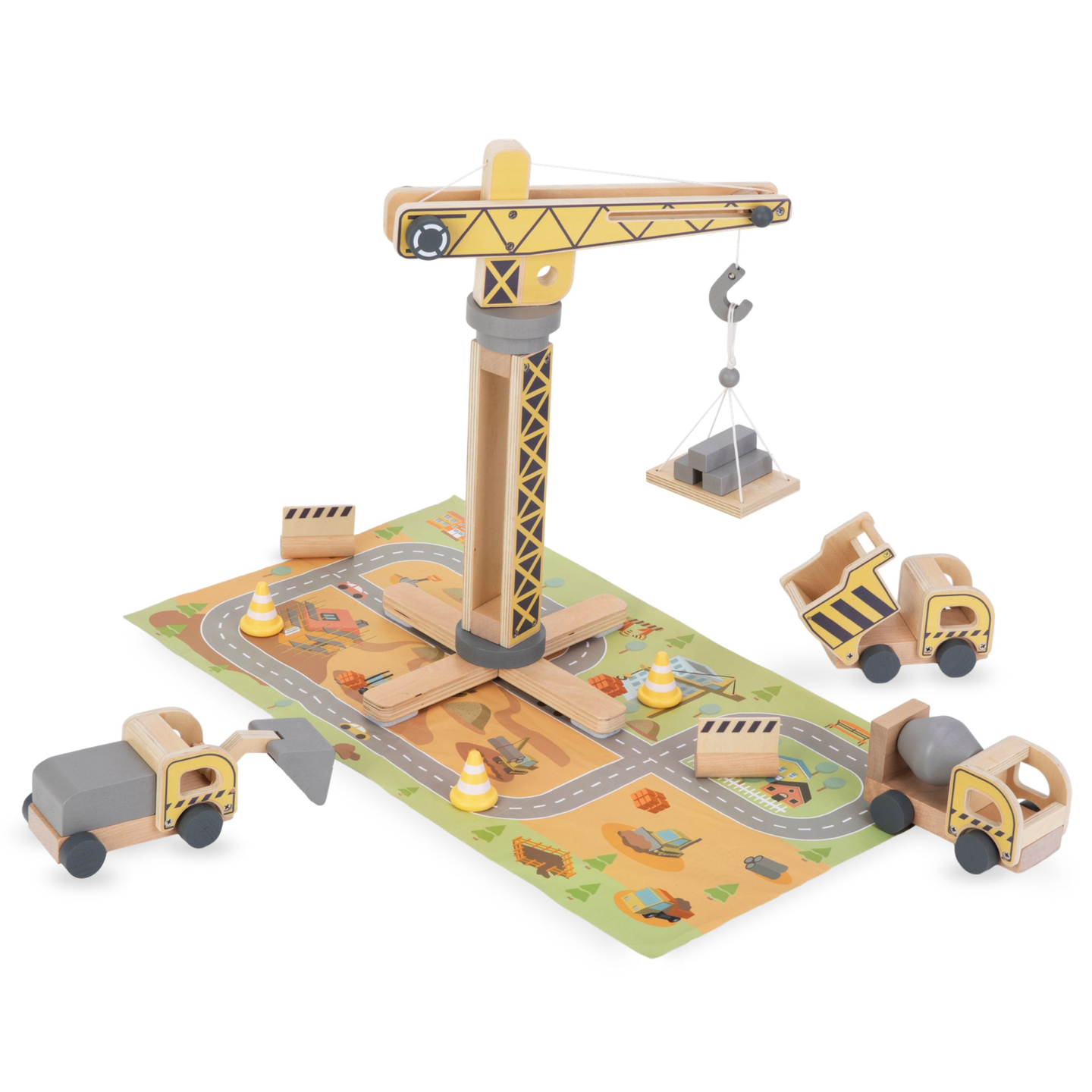 Șantier de construcții din lemn cu macara mobilă mare și vehicule, macara turn