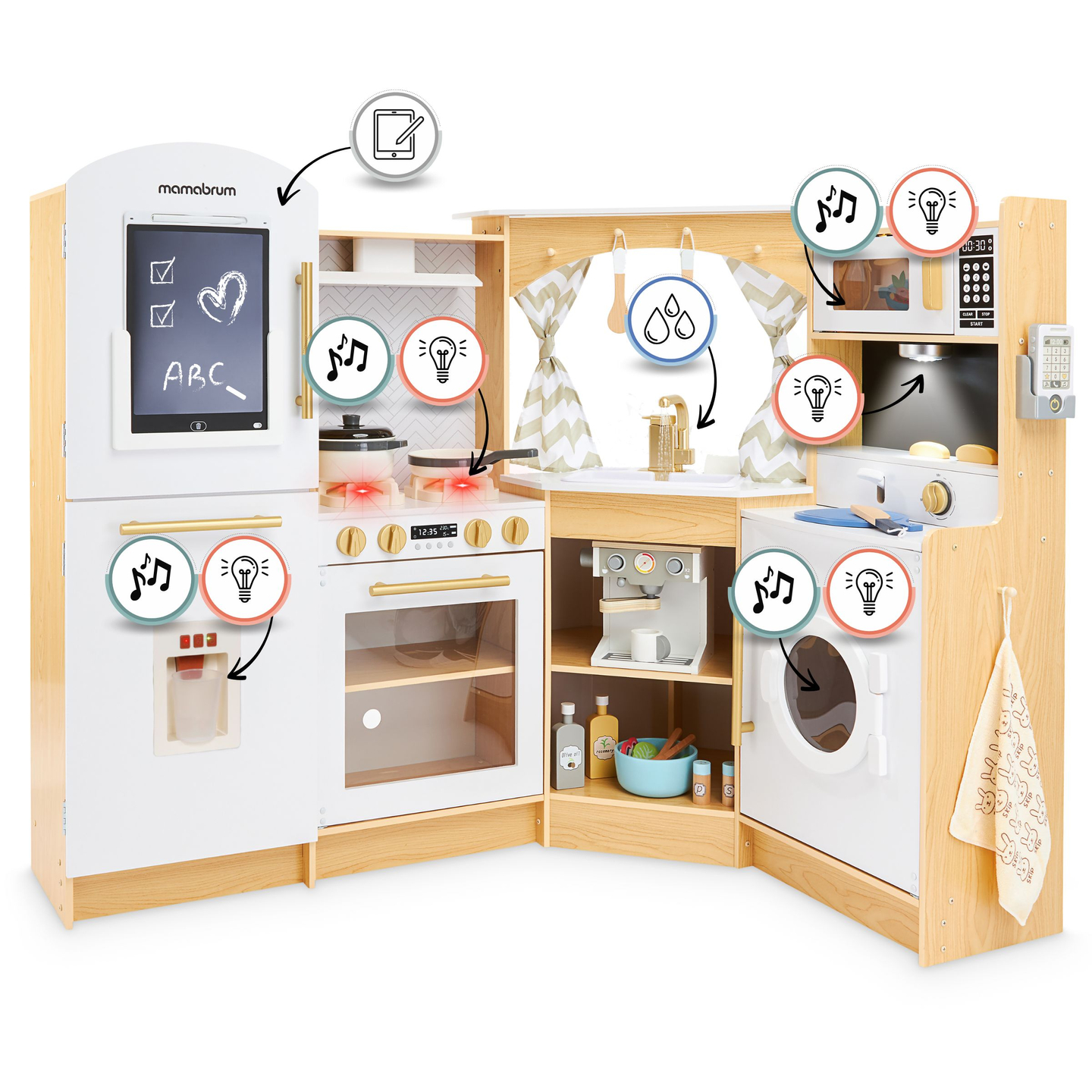 XXXXL bucătărie interactivă mare din lemn cu iluminare LED, mașină de spălat, mașină de cafea cu microunde și set de fructe și legume - 50 de elemente