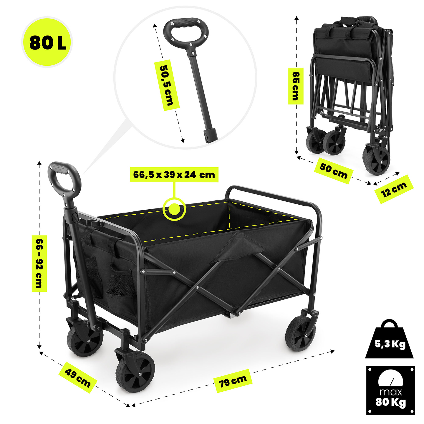 HyperMotion scaun cu rotile pliabil pentru plajă - negru, 80 kg