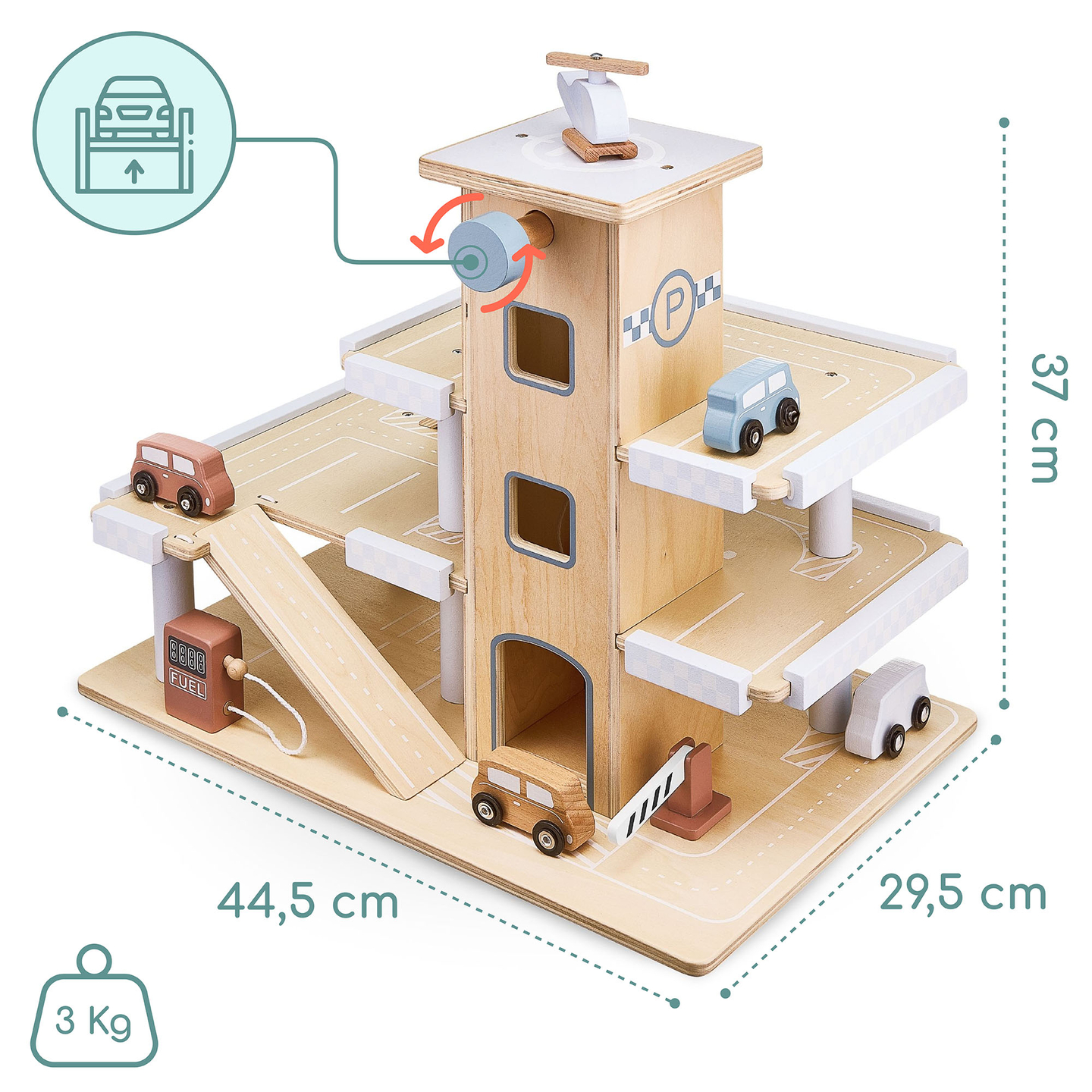 Parcare din lemn pe trei etaje cu lift - garaj cu mașini și elicopter
