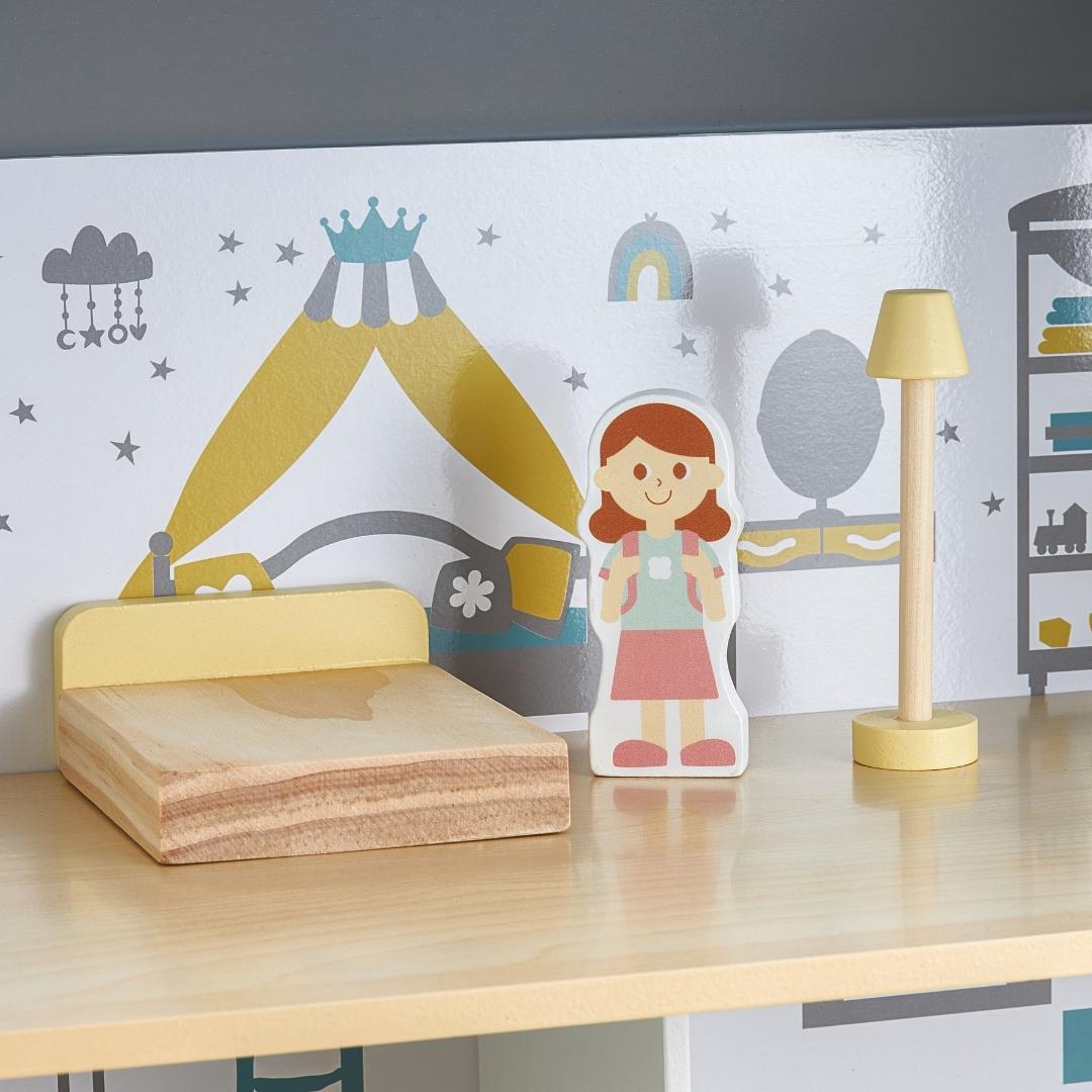 Casă albă din lemn pentru păpuși cu terasă și accesorii