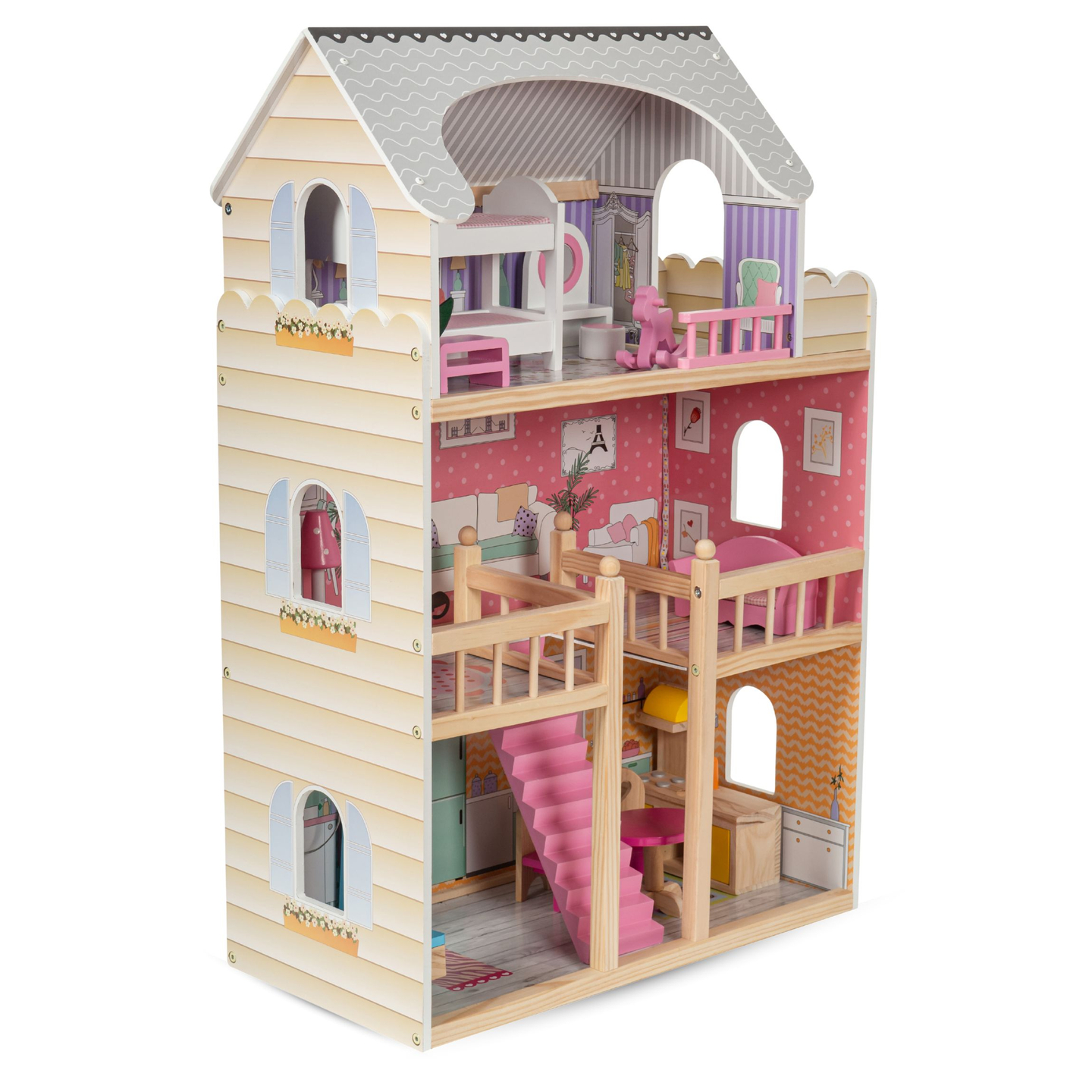 Casă mare de păpuși din lemn cu 3 etaje, cu terasă, set de mobilier și iluminare cu LED-uri!