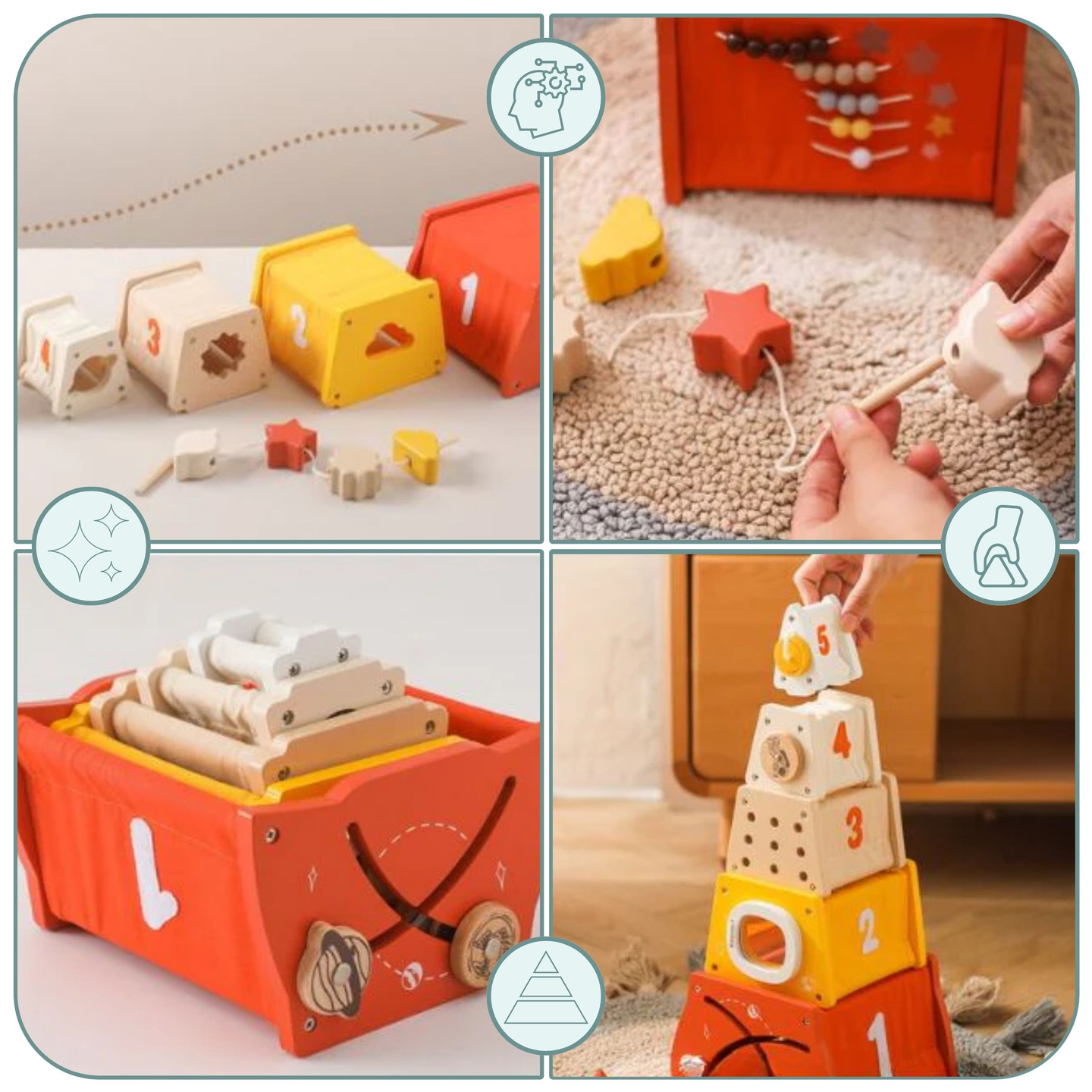 Piramidă educațională Montessori din lemn - sortare de forme, labirint, numere