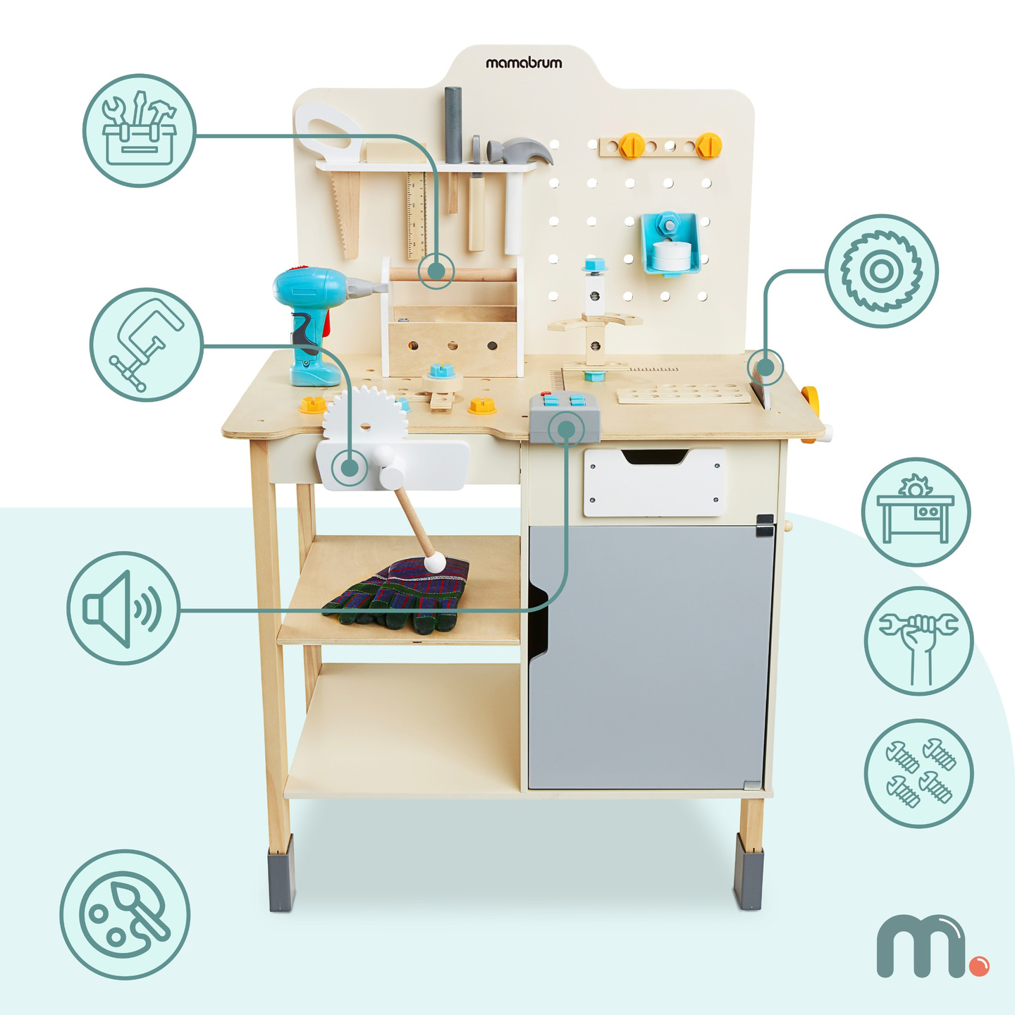 XXL Atelier mare din lemn cu unelte - set de bricolaj, 74 de elemente