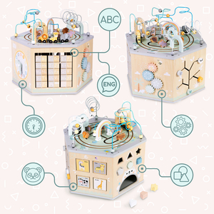 Cub educațional mare din lemn - o jucărie Montessori cu trenuleț magnetic și bucle motorii