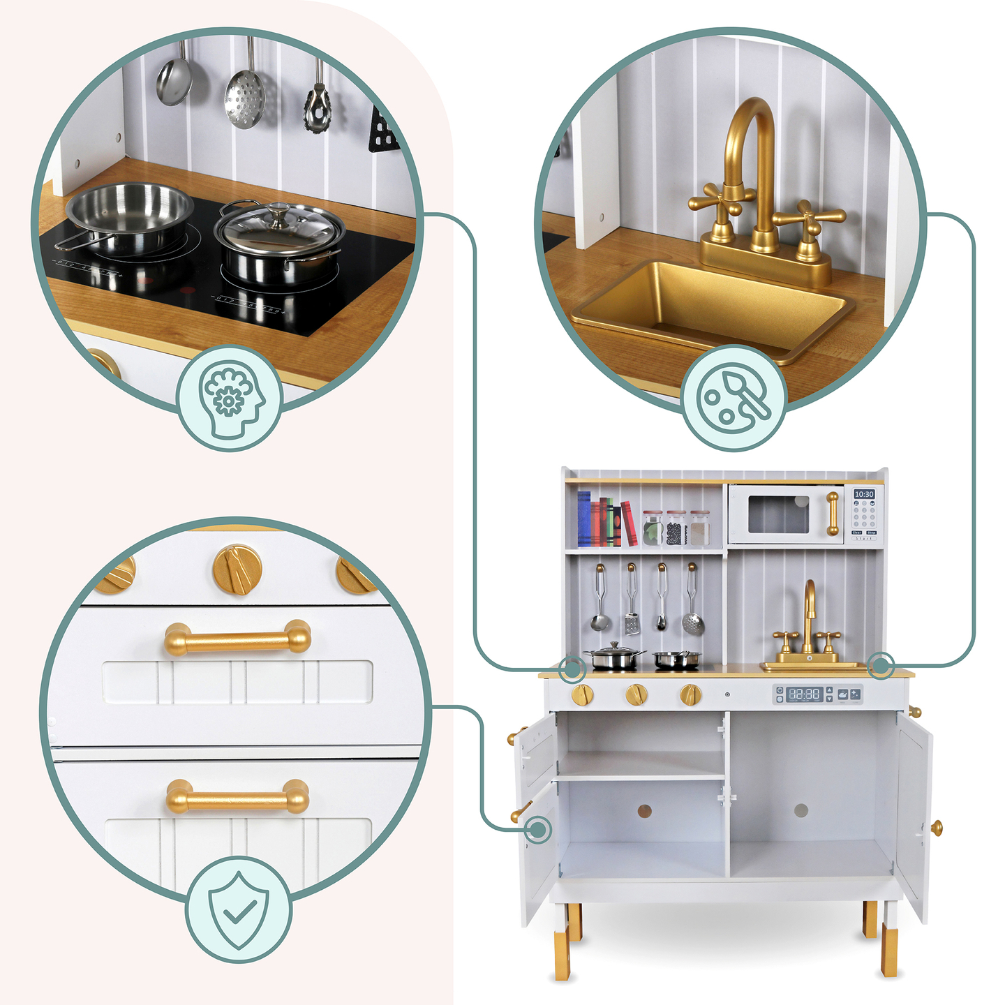 Bucătărie albă din lemn cu accesorii și șorț