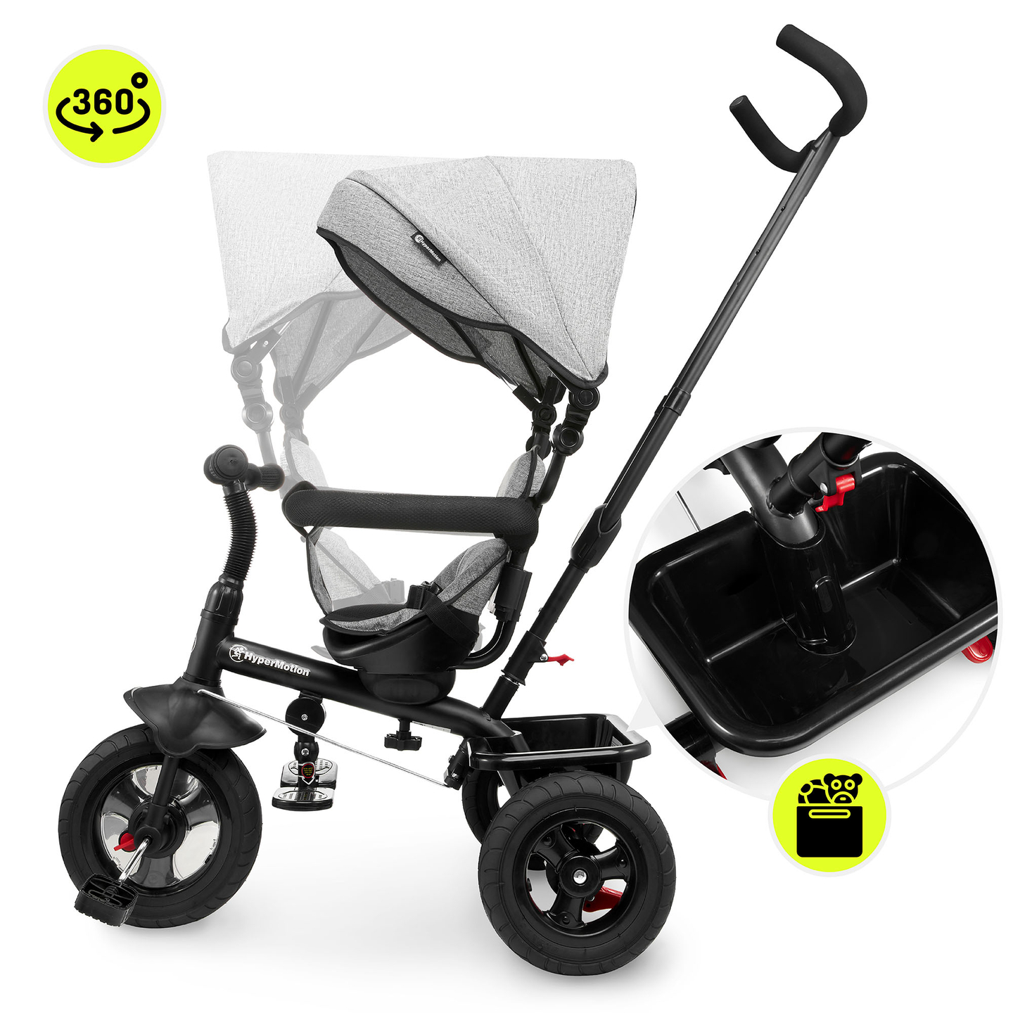 Tricicletă pentru copii 1-4 ani - TOBI FREY - culoare gri - roți pivotante - roți cu pompă + împingător