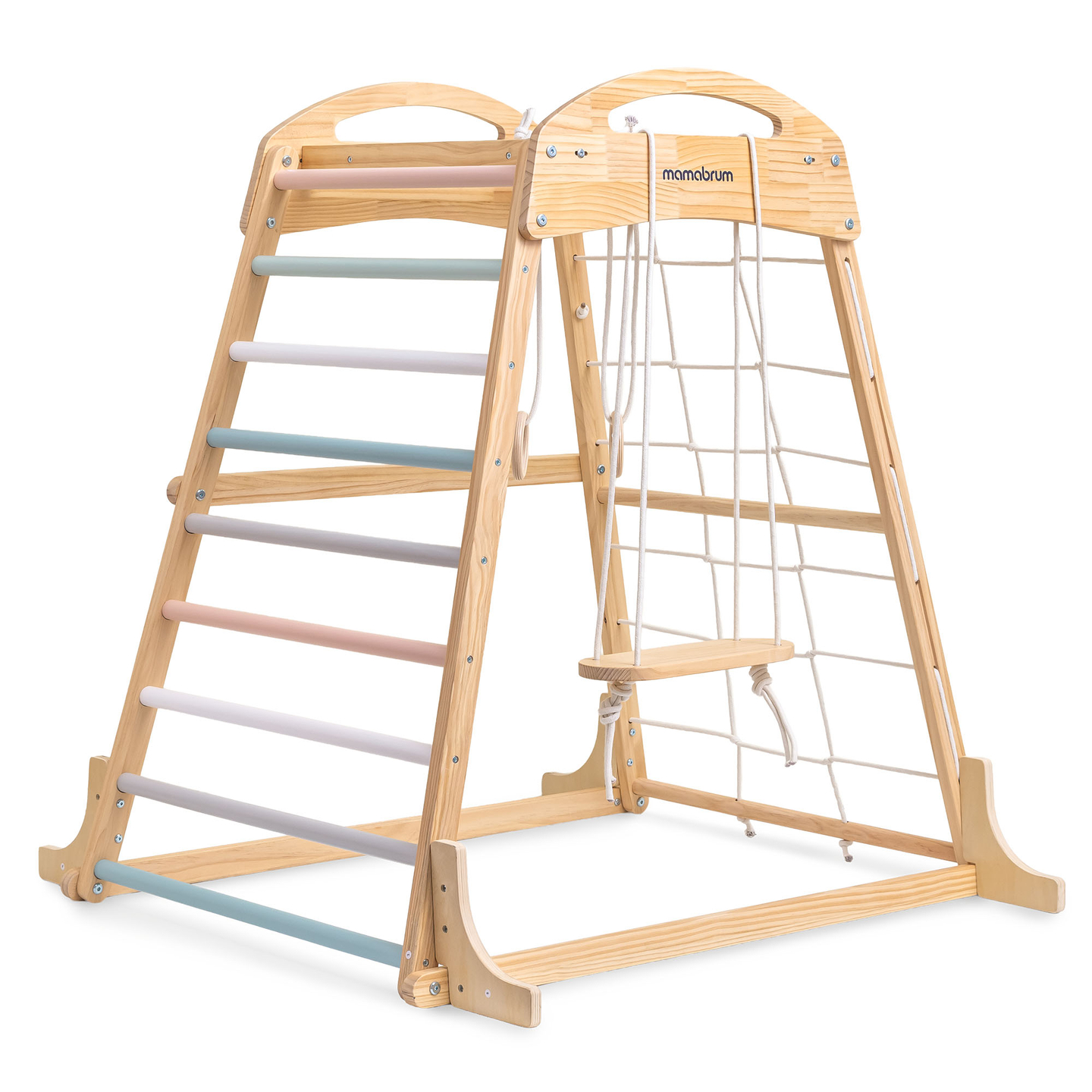 Loc de joacă interior din lemn cu leagăn, inele de gimnastică și plasă de cățărat