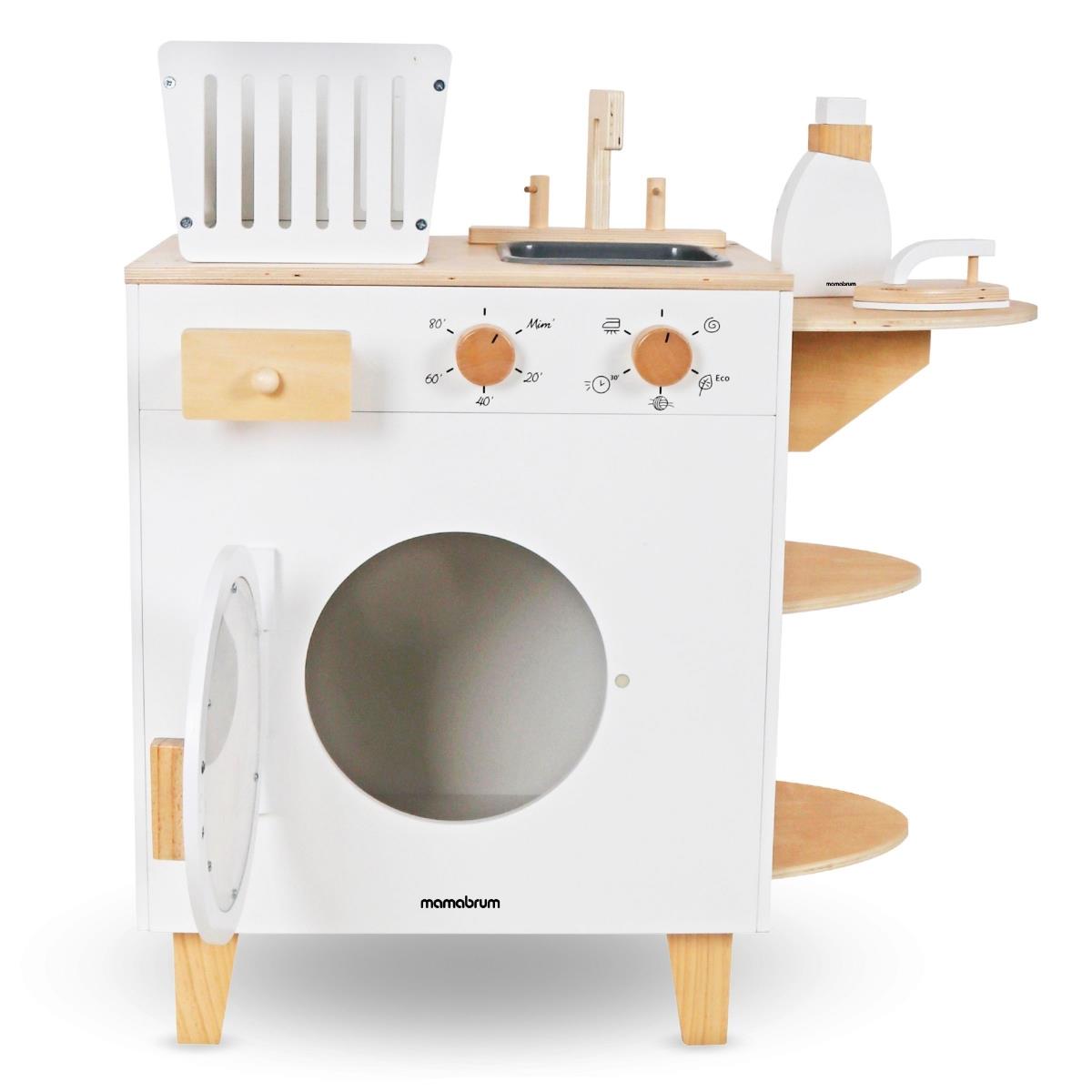 Mașină de spălat din lemn cu fier de călcat, coș și lichid de spălat