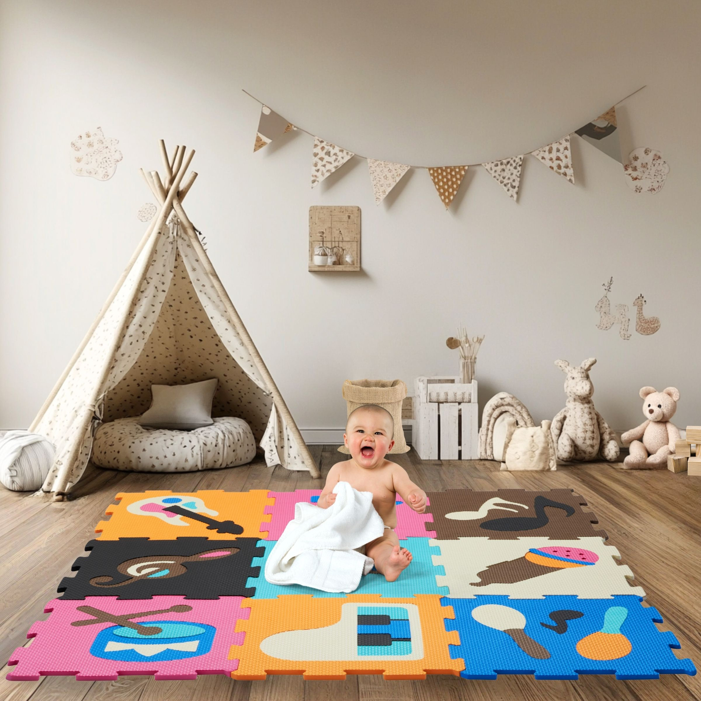 Covoraș puzzle educațional din spumă 90 x 90 x 1cm - spumă EVA - design: instrumente