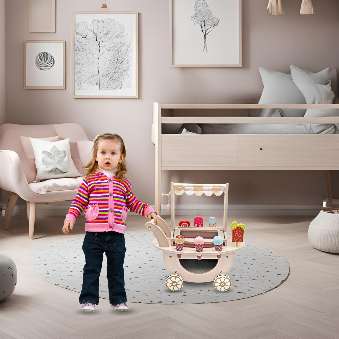 Sală de înghețată din lemn pentru copii - cărucior pe roți cu accesorii