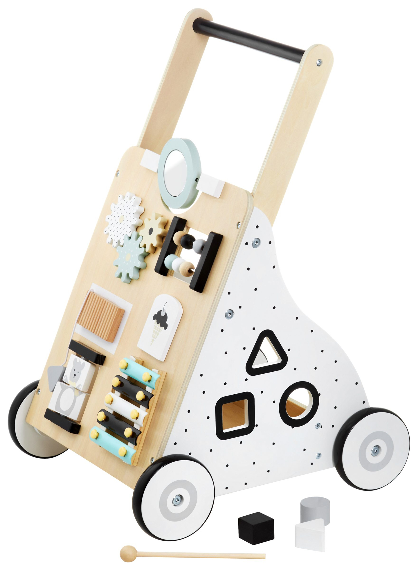 Plimbător / cărucior pentru copii din lemn, educațional - planșă de manipulare