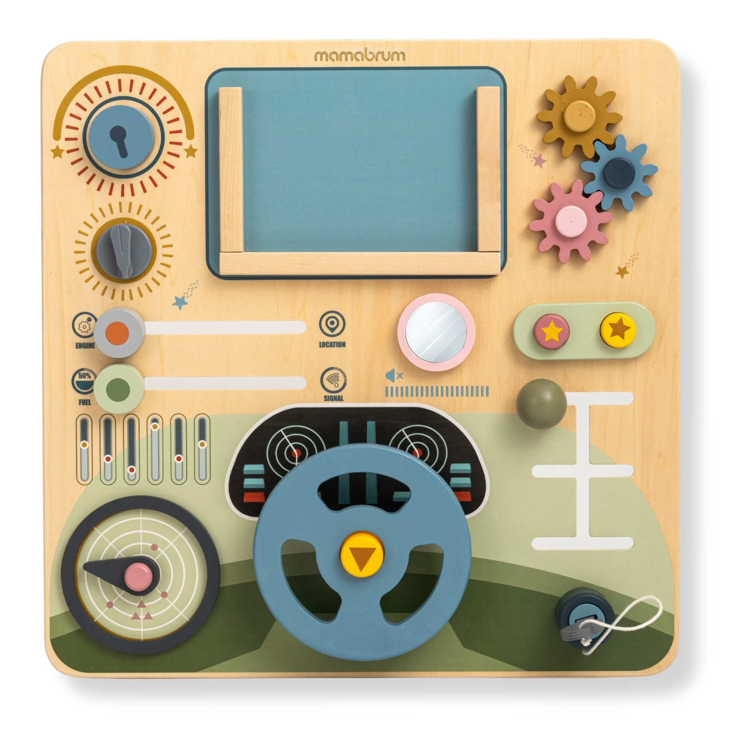 Tablă Montessori din lemn, cabină de pilotaj 2 în 1 pentru micul șofer și pilot – volan, schimbător de viteze, hărți de călătorie, radar