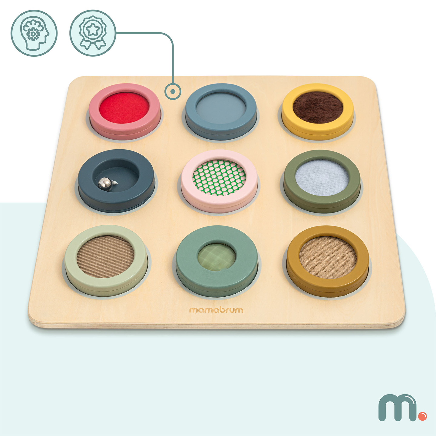 Tablă senzorială Montessori din lemn – 9 texturi pentru a descoperi și dezvolta simțul tactil