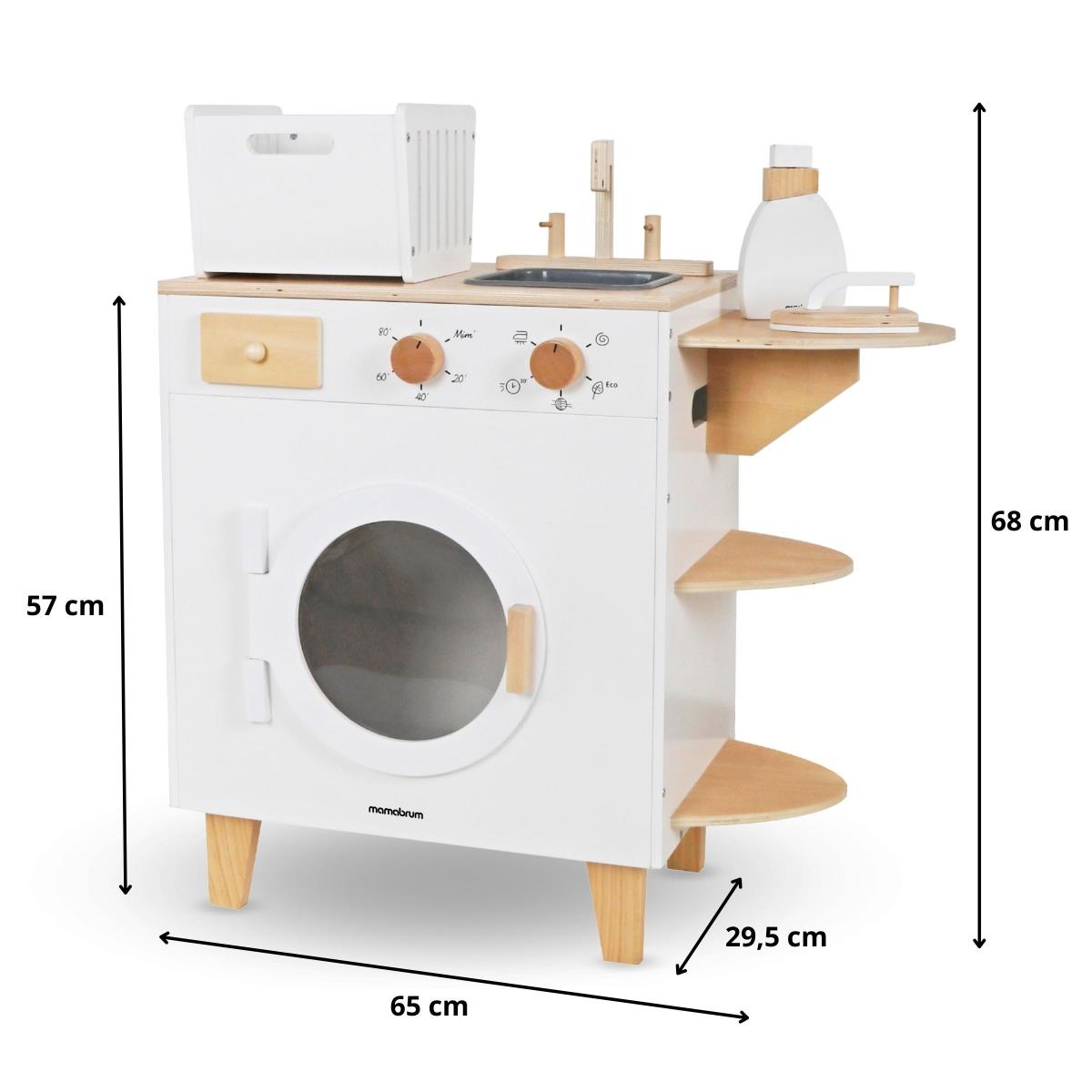 Mașină de spălat din lemn cu fier de călcat, coș și lichid de spălat