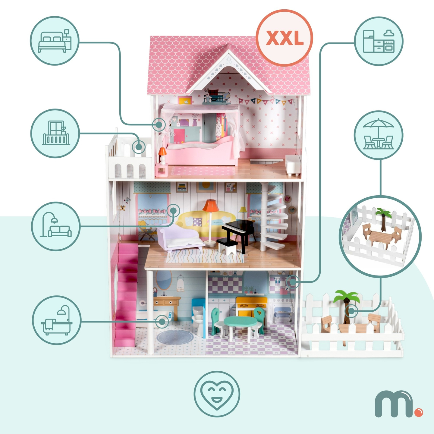 XXL Cea mai mare casă de păpuși din lemn - 123 cm - iluminată cu LED-uri - terasă, accesorii, grădină