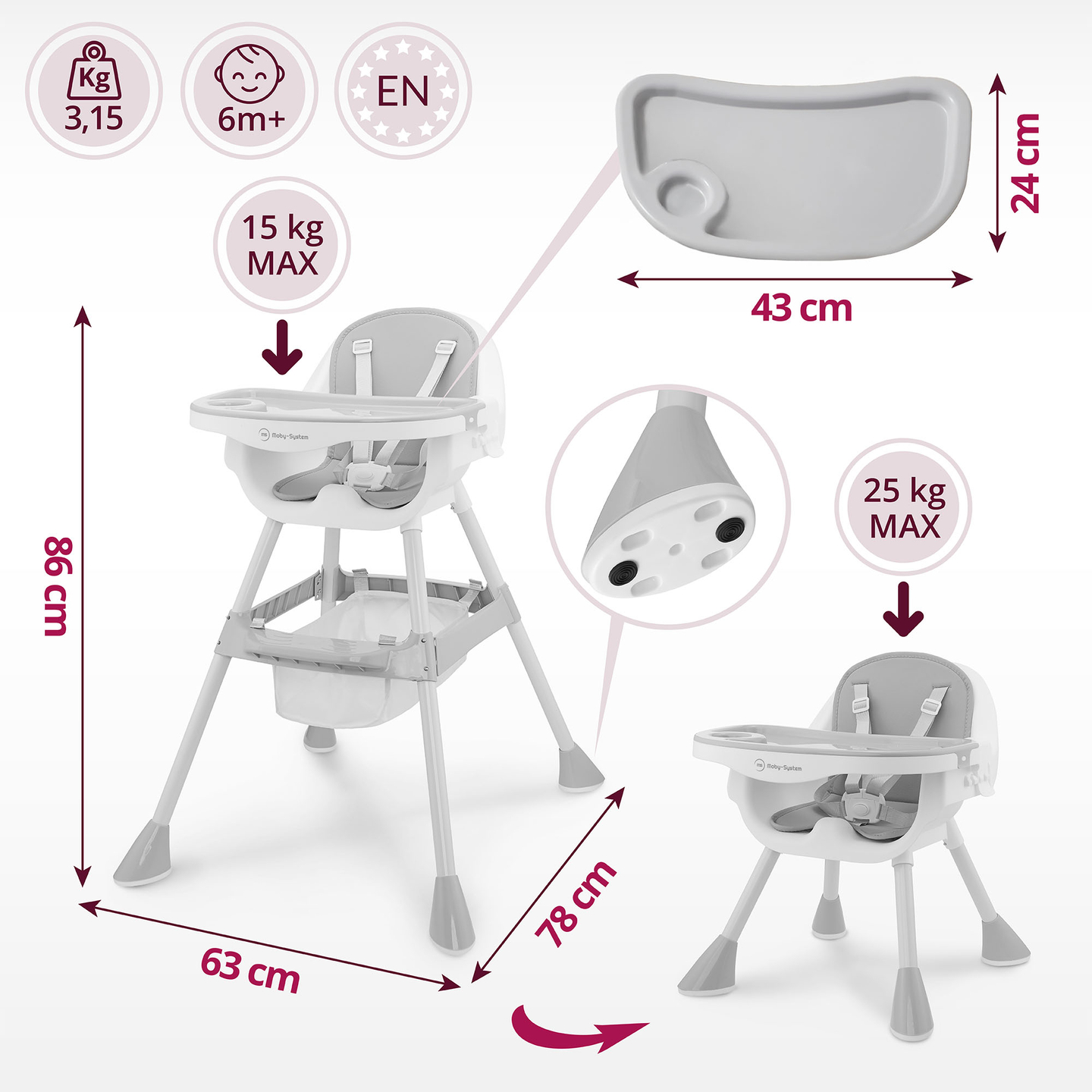 Moby-System Magnolia scaun înalt reglabil 2 în 1 - gri