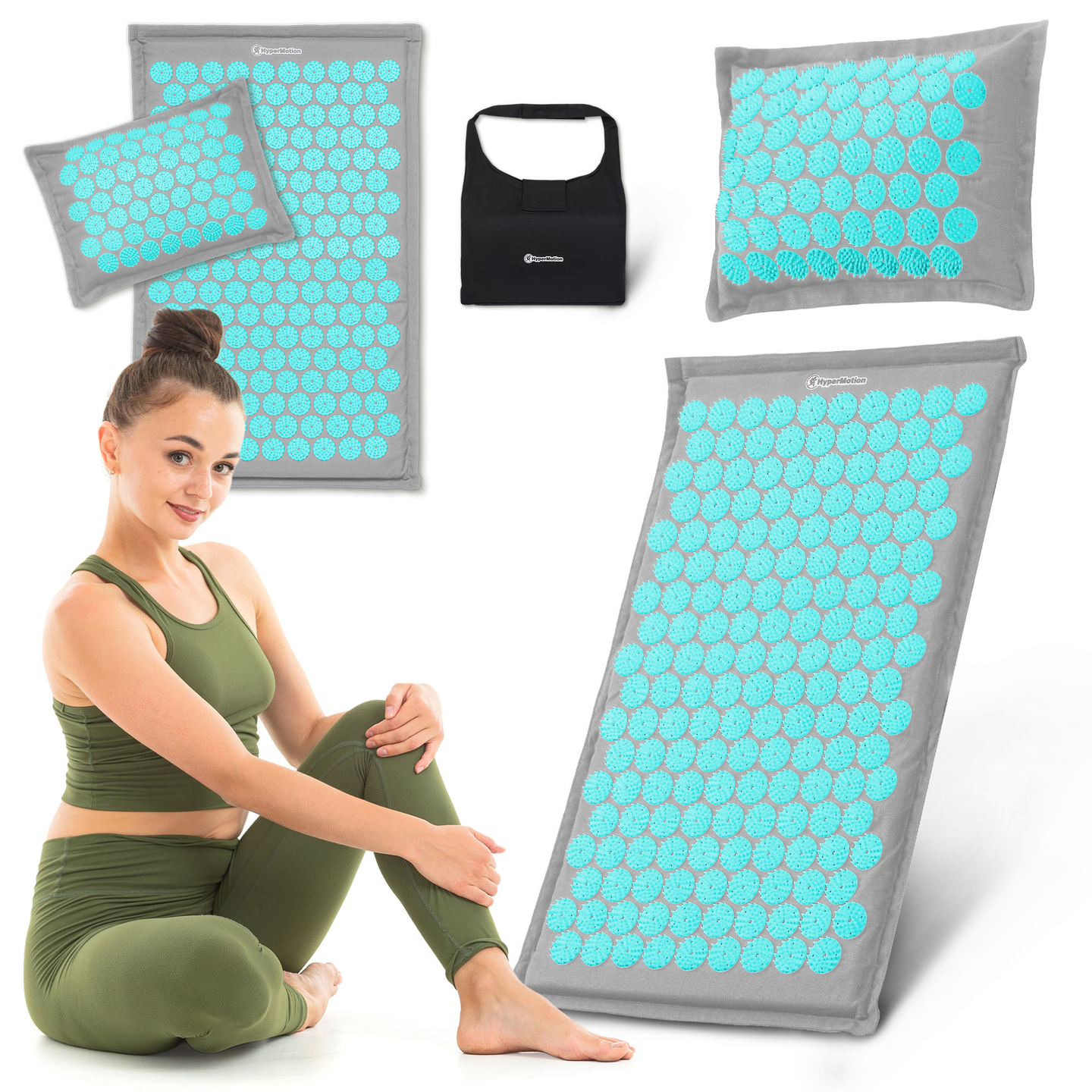 Saltea de presopunctură ECO din in cu fibră de cocos și pernă de hrișcă – 68 cm HyperMotion Gri-Mentă