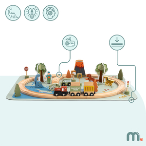 Trenuleț din lemn Dino Park cu covoraș antiderapant - dinozauri, tren, șine, vulcan, clopot