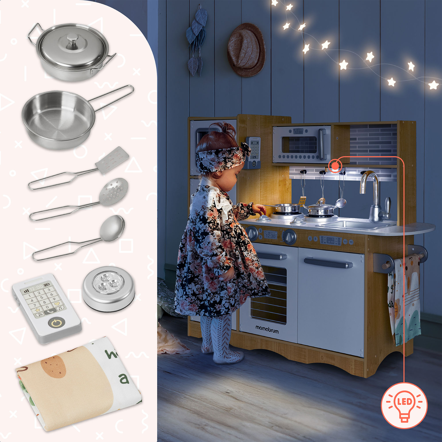 Bucătărie XXL din lemn cu iluminare LED, șorț și accesorii