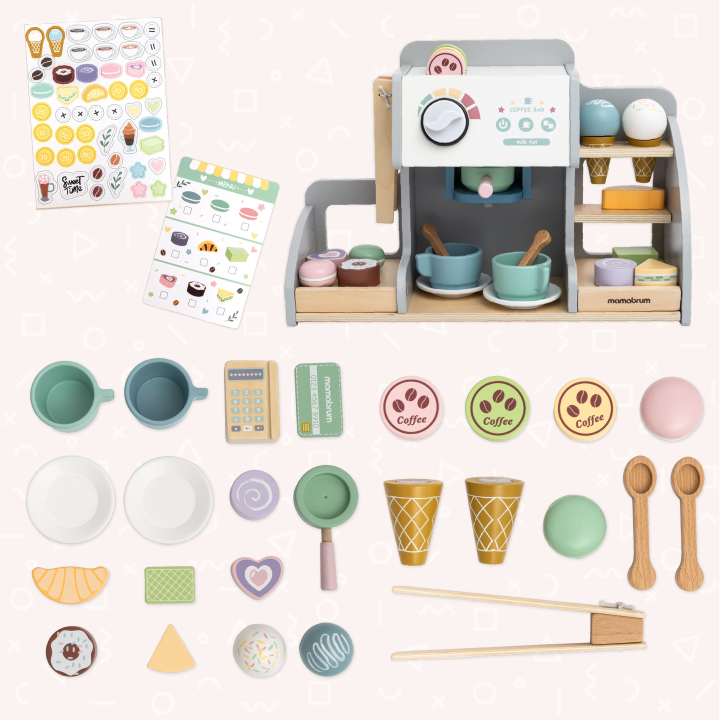 Un salon mare de înghețată din lemn cu tablă magnetică, aparat de cafea și set de înghețată și deserturi - peste 70 de piese!