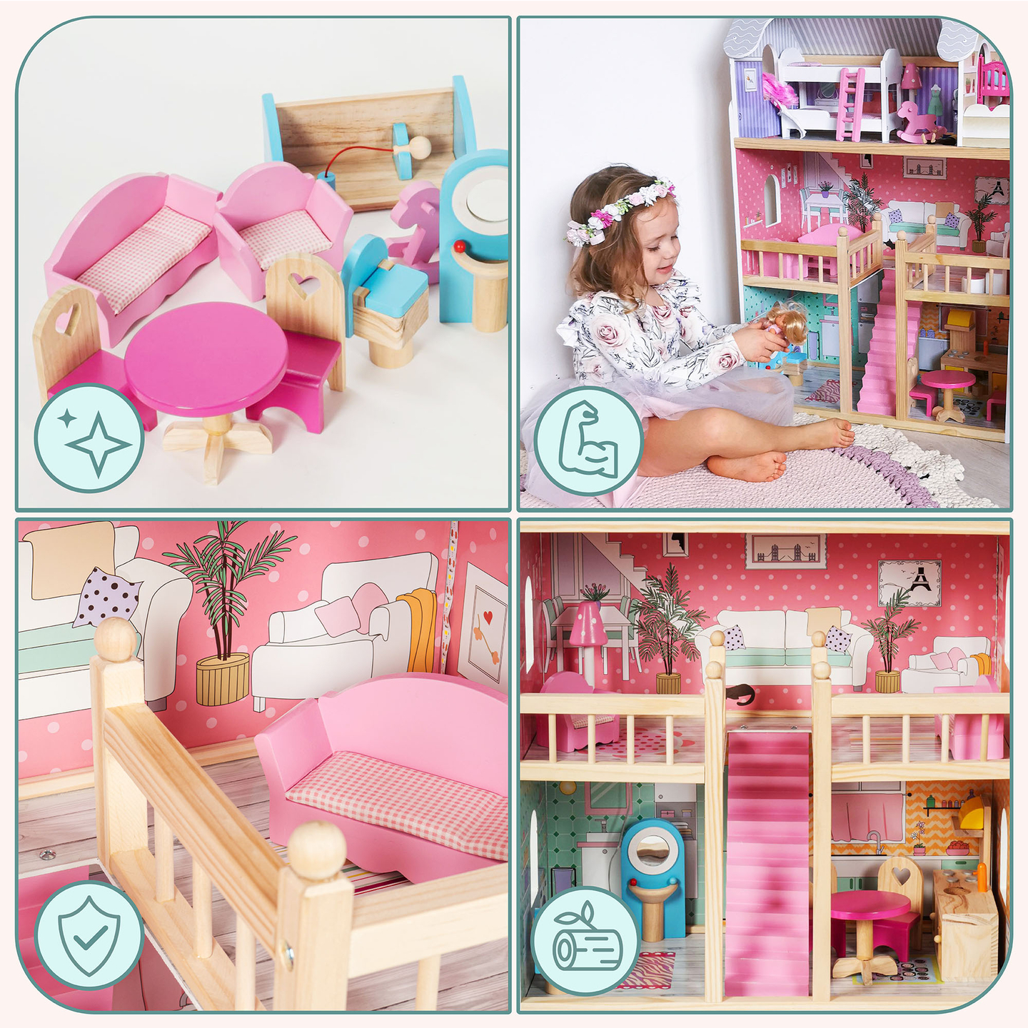 Casă mare de păpuși din lemn cu 3 etaje, cu terasă, set de mobilier și iluminare cu LED-uri!