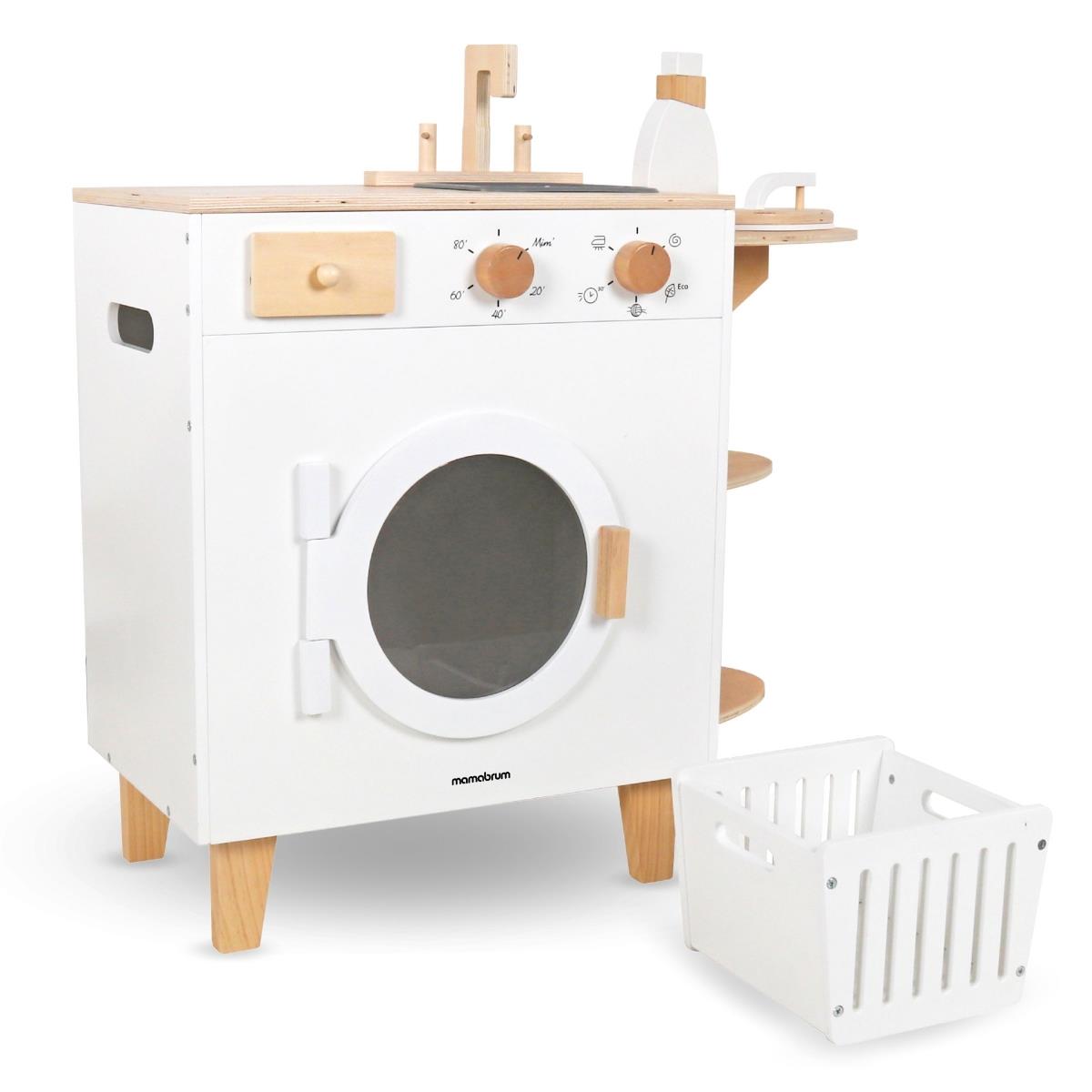 Mașină de spălat din lemn cu fier de călcat, coș și lichid de spălat