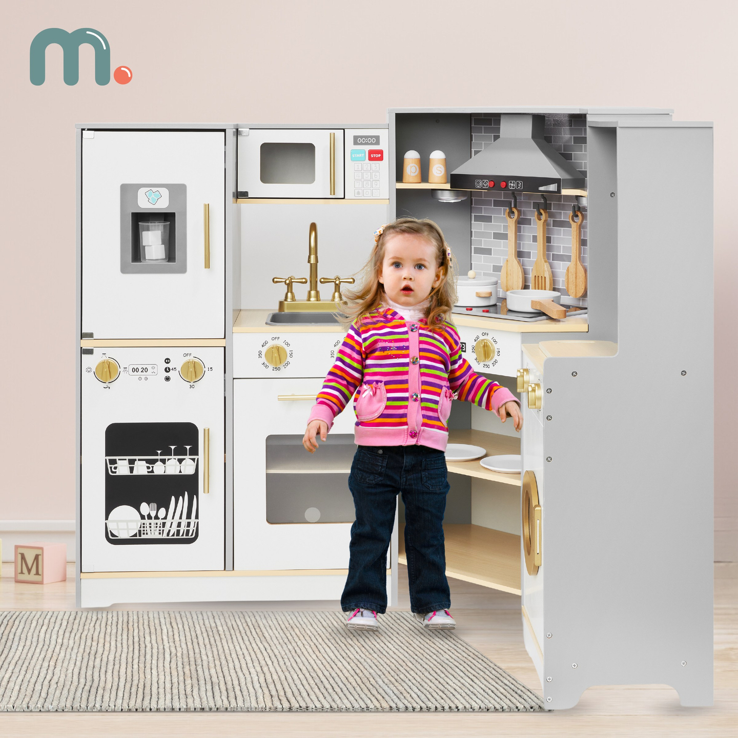 Bucătărie interactivă din lemn XXXL cu iluminare LED, hotă și accesorii