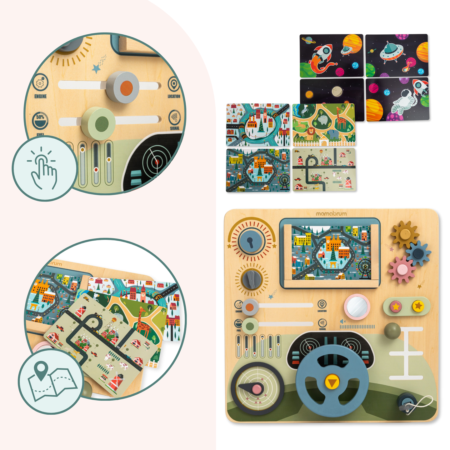 Tablă Montessori din lemn, cabină de pilotaj 2 în 1 pentru micul șofer și pilot – volan, schimbător de viteze, hărți de călătorie, radar