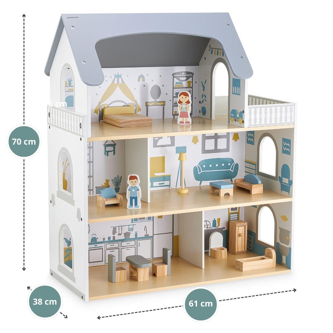 Casă albă din lemn pentru păpuși cu terasă și accesorii
