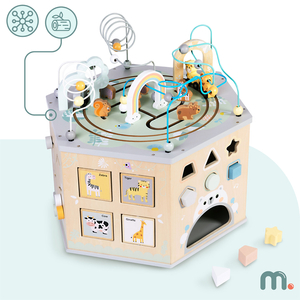 Cub educațional mare din lemn - o jucărie Montessori cu trenuleț magnetic și bucle motorii